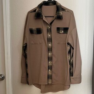 Waffle Knit Brown Plaid Accent Womens button down shirt.